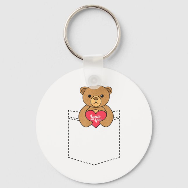 Cute Pocket Teddy Bear Hugging Heart - 2020 Valent Keychain (Front)