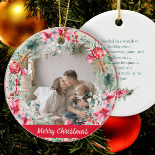 Cute Poetry Poinsettia Red Green Wreath Christmas Ceramic Ornament