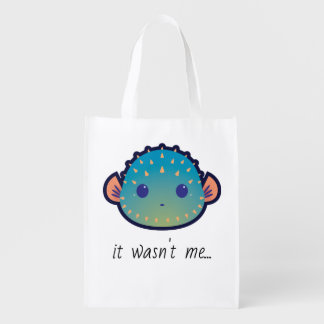 Cute Poker Face Puffer Fish with Editable Text Grocery Bag