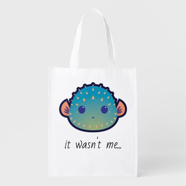 Cute Poker Face Puffer Fish with Editable Text Grocery Bag (Front)