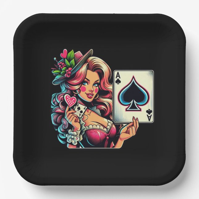 Cute poker party vintage lady  paper plates (Front)