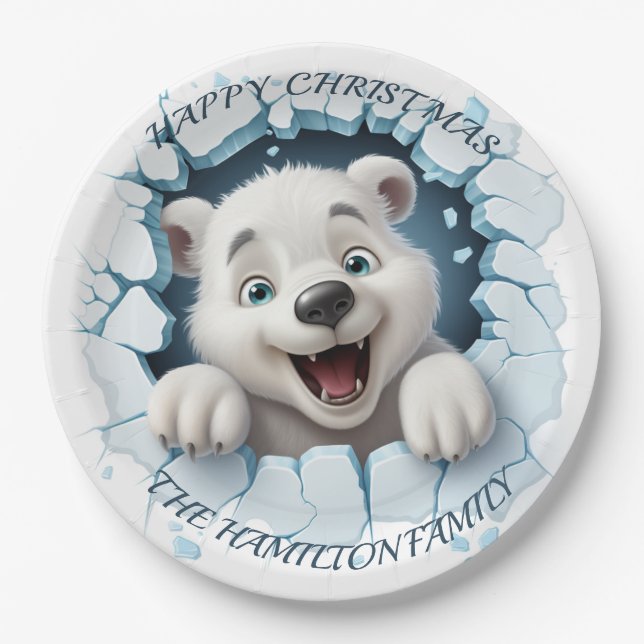 Cute Polar Bear 3D Christmas Paper Plates (Front)