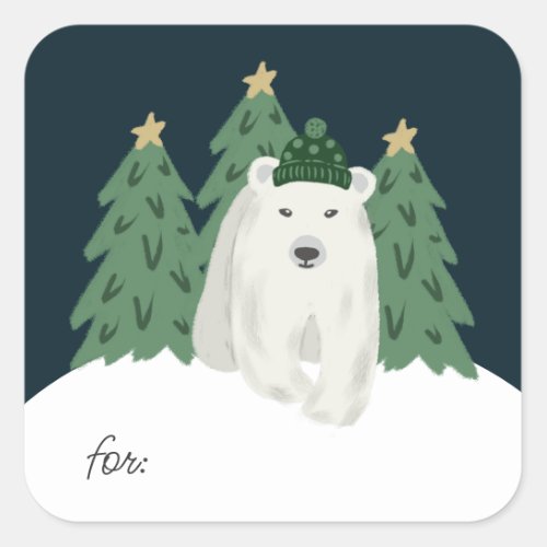 Cute Polar Bear and Christmas Trees Gift  Square Sticker