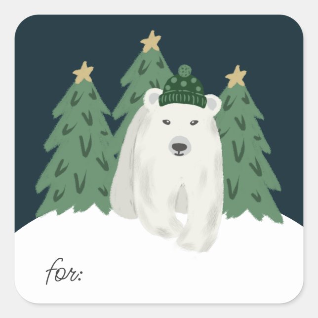 Cute Polar Bear and Christmas Trees Gift  Square Sticker (Front)