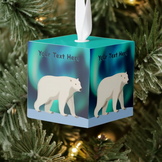 Cute Polar Bear and Northern Lights Cube Ornament (Tree)