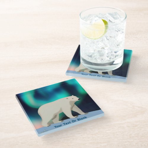 Cute Polar Bear and Northern Lights Glass Coaster