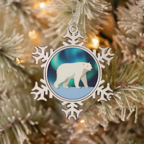 Cute Polar Bear and Northern Lights Snowflake Pewter Christmas Ornament