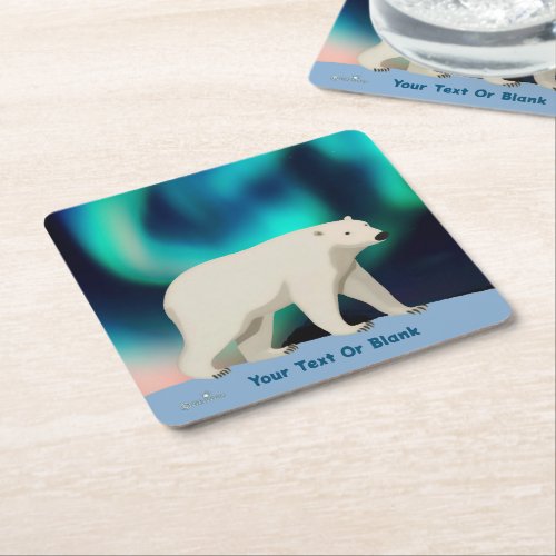 Cute Polar Bear and Northern Lights Square Paper Coaster