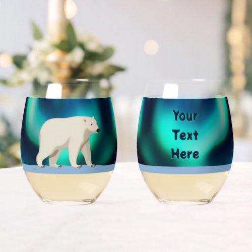 Cute Polar Bear and Northern Lights Stemless Wine Glass