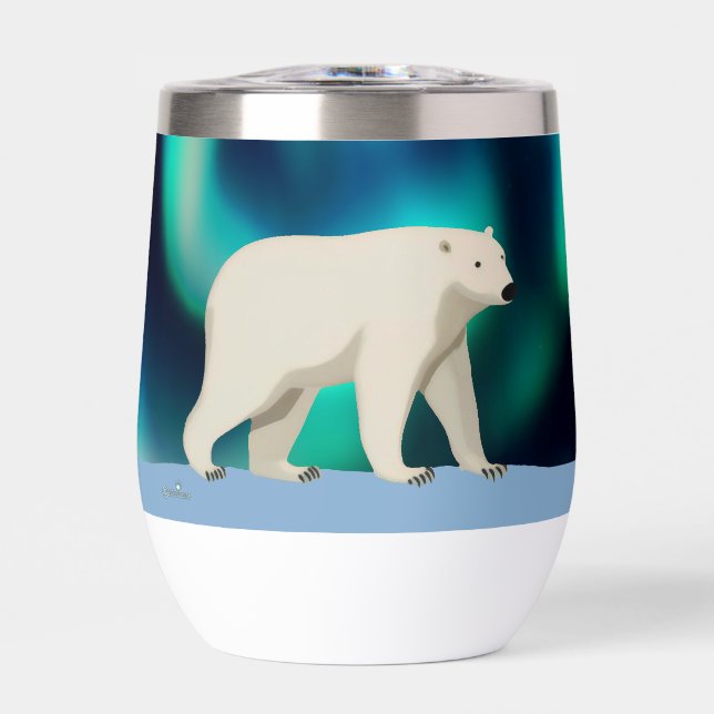 Cute Polar Bear and Northern Lights Thermal Wine Tumbler (Front)