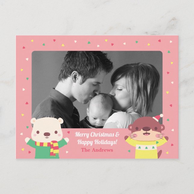 Cute Polar Bear and Otter Christmas Holiday Photo Invitation Postcard (Front)