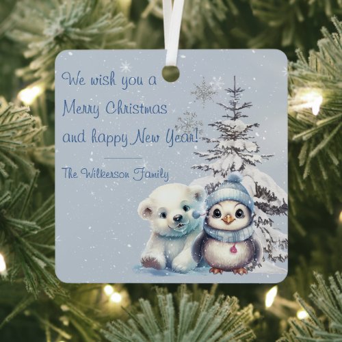 Cute Polar Bear and Penguin North Pole Christmas Metal Ornament