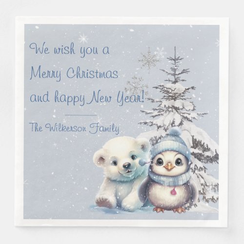 Cute Polar Bear and Penguin North Pole Christmas Paper Dinner Napkins