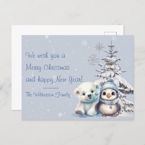 Cute Polar Bear and Penguin North Pole Christmas Postcard