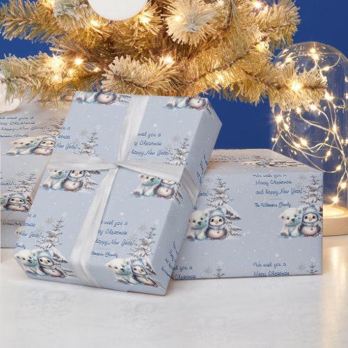 Cute Polar Bear and Penguin North Pole Christmas Wrapping Paper