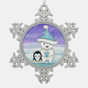 Cute Polar Bear and Penguin Snowflake Pewter Christmas Ornament