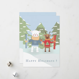 Cute Polar Bear and Reindeer Flat Holiday Card