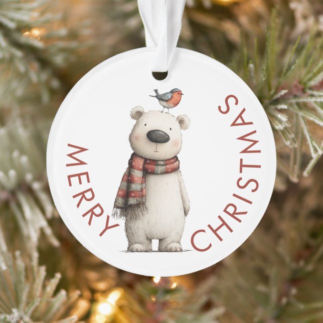 Cute Polar Bear and Robin Merry Christmas Ornament (Tree)
