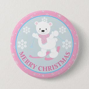 Cute Polar Bear and Snowflakes Pink Christmas Button