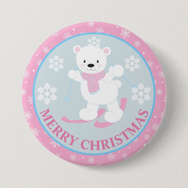 Cute Polar Bear and Snowflakes Pink Christmas Button (Front)