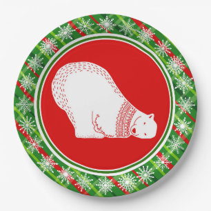 Cute Polar Bear Animal Christmas Green Red Plaid Paper Plates
