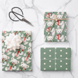 Cute Polar Bear Animal Watercolor Green Wrapping Paper Sheets