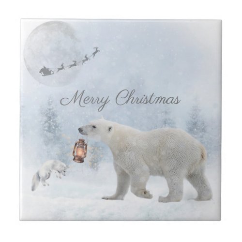 Cute Polar Bear Arctic Fox Santa Winter Christmas Ceramic Tile