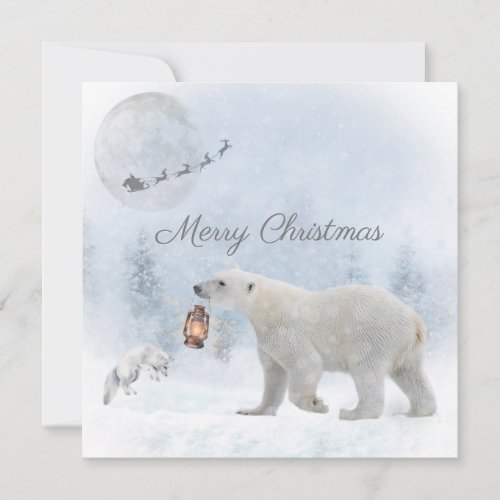 Cute Polar Bear Arctic Fox Santa Winter Christmas Holiday Card