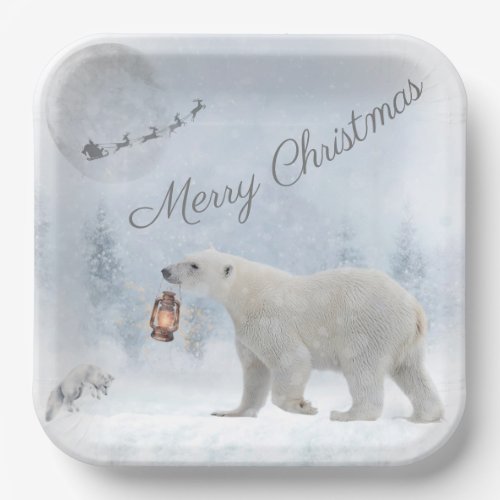 Cute Polar Bear Arctic Fox Santa Winter Christmas Paper Plates