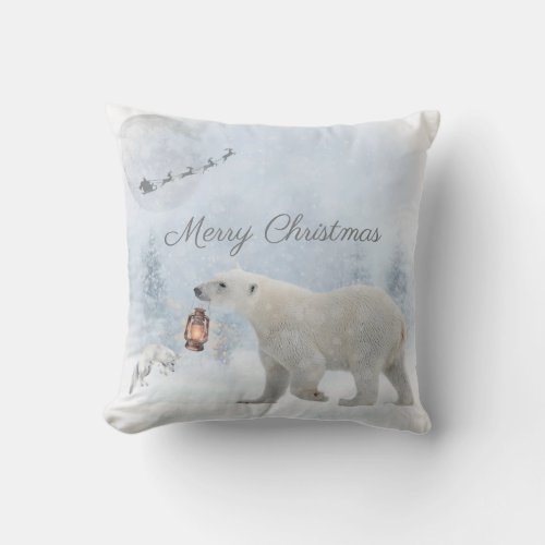Cute Polar Bear Arctic Fox Santa Winter Christmas Throw Pillow