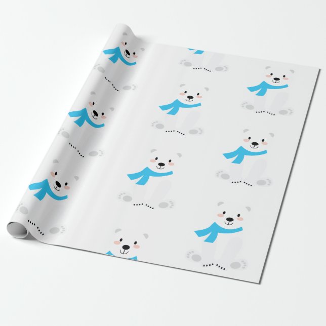 Cute Polar Bear Baby Boy Blue Wrapping Paper (Unrolled)