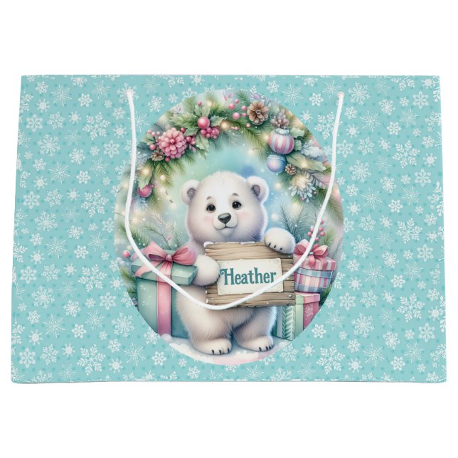 Cute Polar Bear Baby Girl's Personalize Name Large Gift Bag (Front)