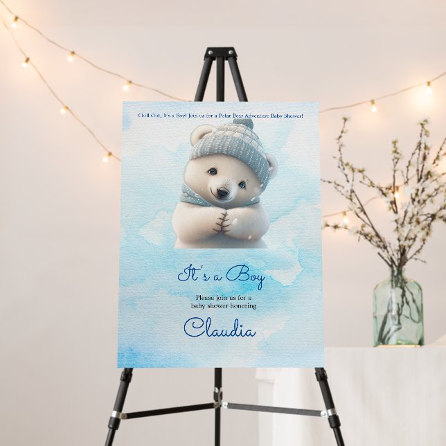 Cute Polar Bear Blue Baby Shower Boy Welcome Sign (In Situ (Stand))
