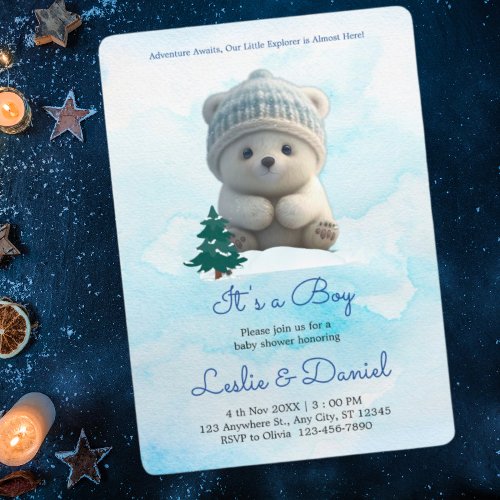 Cute Polar Bear Blue Baby Shower Its Boy Invitation