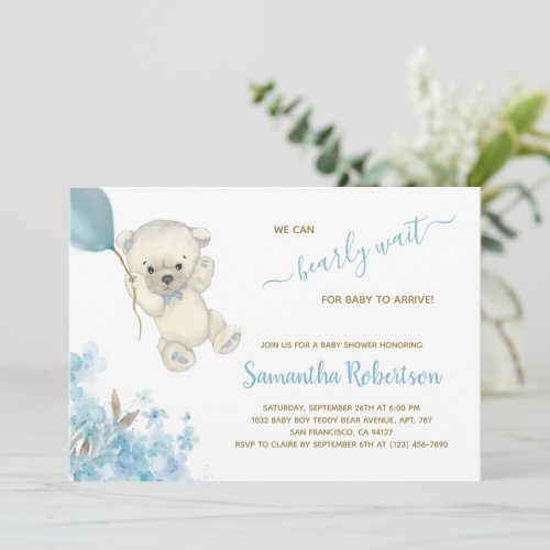 Cute Polar Bear Blue Balloon Boy Baby Shower  Invitation