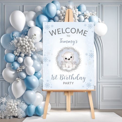 Cute Polar Bear Blue Winter 1st Birthday Welcome Foam Board