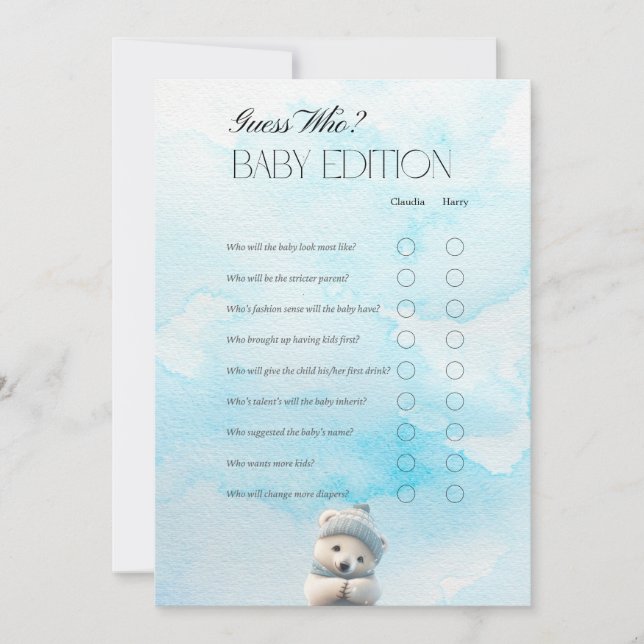 Cute Polar Bear Blue Winter Baby Shower Game Card (Front)