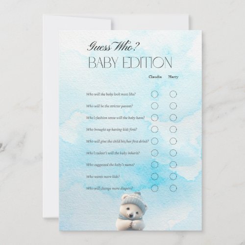 Cute Polar Bear Blue Winter Baby Shower Game Card