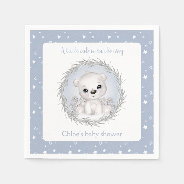 Cute Polar Bear Blue Winter Boy Baby Shower Napkins (Front)