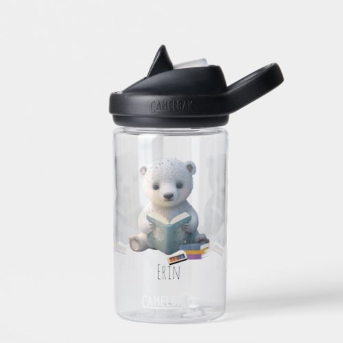 Cute Polar Bear Book Kids School Personalized Name Water Bottle