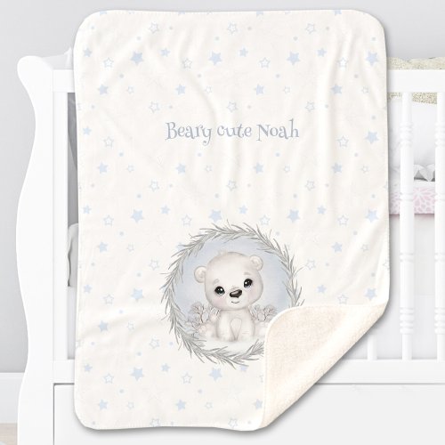 Cute Polar Bear Boy Name Winter Warm White Blue Sherpa Blanket