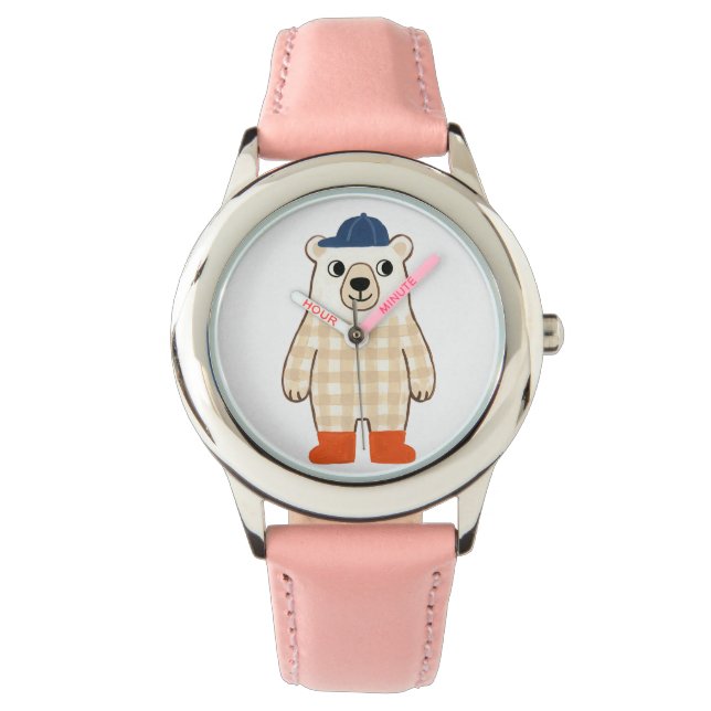 Cute Polar Bear Cap Watch – Rustic Gingham Design (Front)