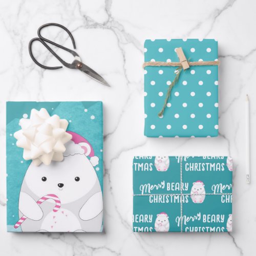 Cute Polar Bear Cartoon Beary Christmas Teal Blue Wrapping Paper Sheets
