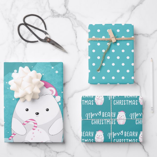 Cute Polar Bear Cartoon Beary Christmas Teal Blue Wrapping Paper Sheets (Front)