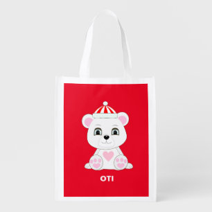 Cute polar bear cartoon on red background grocery bag