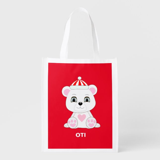 Cute polar bear cartoon on red background grocery bag (Front)