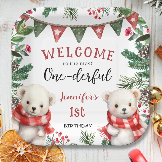 Cute Polar Bear Christmas 1st Birthday Paper Plates (Creator Uploaded)