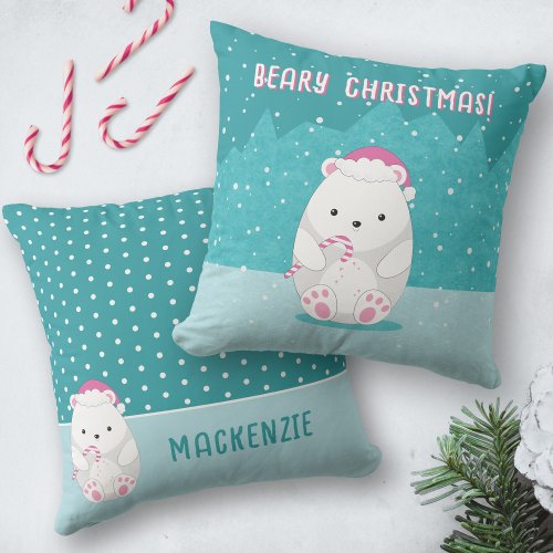 Cute Polar Bear Christmas Cartoon Kids Name Blue Throw Pillow