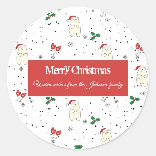 Cute polar bear  Christmas pattern on a white Classic Round Sticker