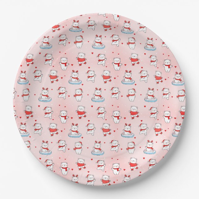 Cute Polar Bear Christmas Seamless Pattern Paper Plates (Front)